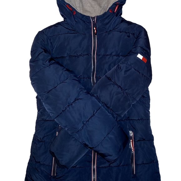 Women's Tommy Hilfiger Deep Blue Puffer Hooded Jacket 3 Pockets Maroon Lining S - Picture 4 of 15